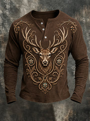 Men's Retro Western Deer Print Casual Long Sleeve T-Shirt