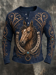 Men's Retro Western Horse Print Casual Long Sleeve T-Shirt