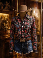 Women's Rhinestone Dark Floral Vintage Western Shirt