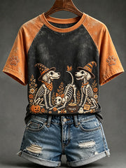 Women's Skeleton Dog Halloween Print Round Neck Short Sleeve T-shirt