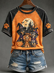 Women's Funny Witch Dog Halloween Print Round Neck Short Sleeve T-shirt