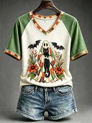 Women's Patchwork Ghost and Black Cat T-Shirt