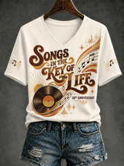 Women's 50 Years Of Songs In The Key Of Life Printed V-neck T-Shirt