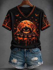 Women's Halloween Printed V-neck T-shirt