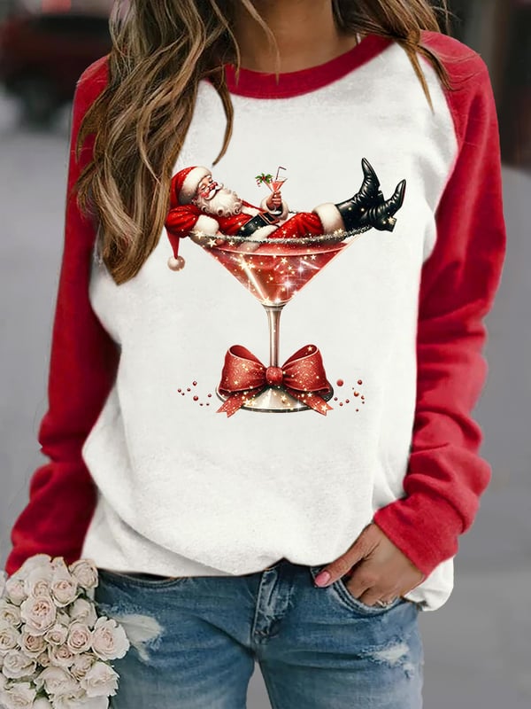 Women's Santa Claus and red wine glass print raglan sleeve sweatshirt