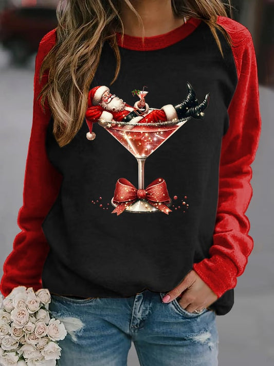 Women's Santa Claus and red wine glass print raglan sleeve sweatshirt
