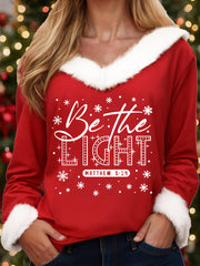 Women's Merry Christmas  Be The Light  Cross Print Casual Fur-Collar Top