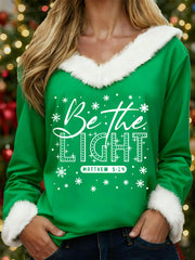 Women's Merry Christmas  Be The Light  Cross Print Casual Fur-Collar Top