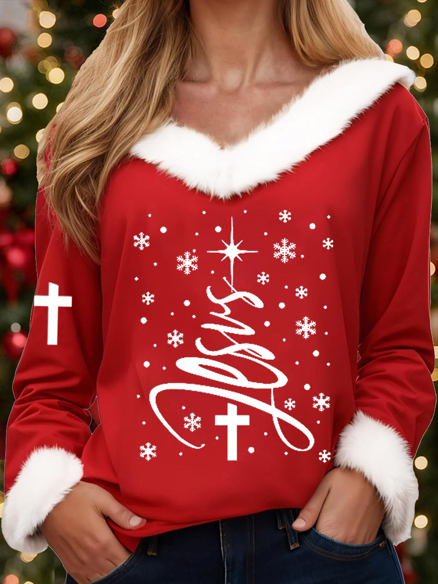 Women's Jesus Christmas Tree Cross Print Casual Fur-Collar Top