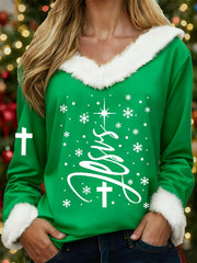Women's Jesus Christmas Tree Cross Print Casual Fur-Collar Top
