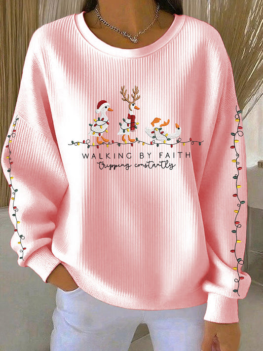 Women's  Funny Christmas Goose Walking By Faith Tripping Constantly Ribbed Round-Neck Sweatshirt