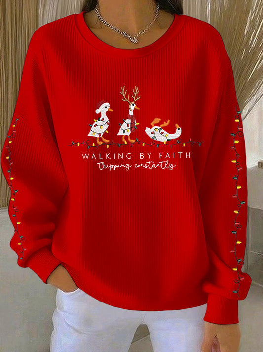 Women's  Funny Christmas Goose Walking By Faith Tripping Constantly Ribbed Round-Neck Sweatshirt