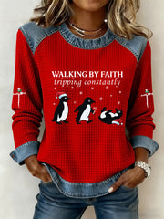 Women's Funny Christmas Walking By Faith Tripping Constantly Print Casual Waffle Hoodie