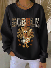 Women's Thanksgiving Print Lapel Long Sleeve Ribbed Round-Neck Sweatshirt