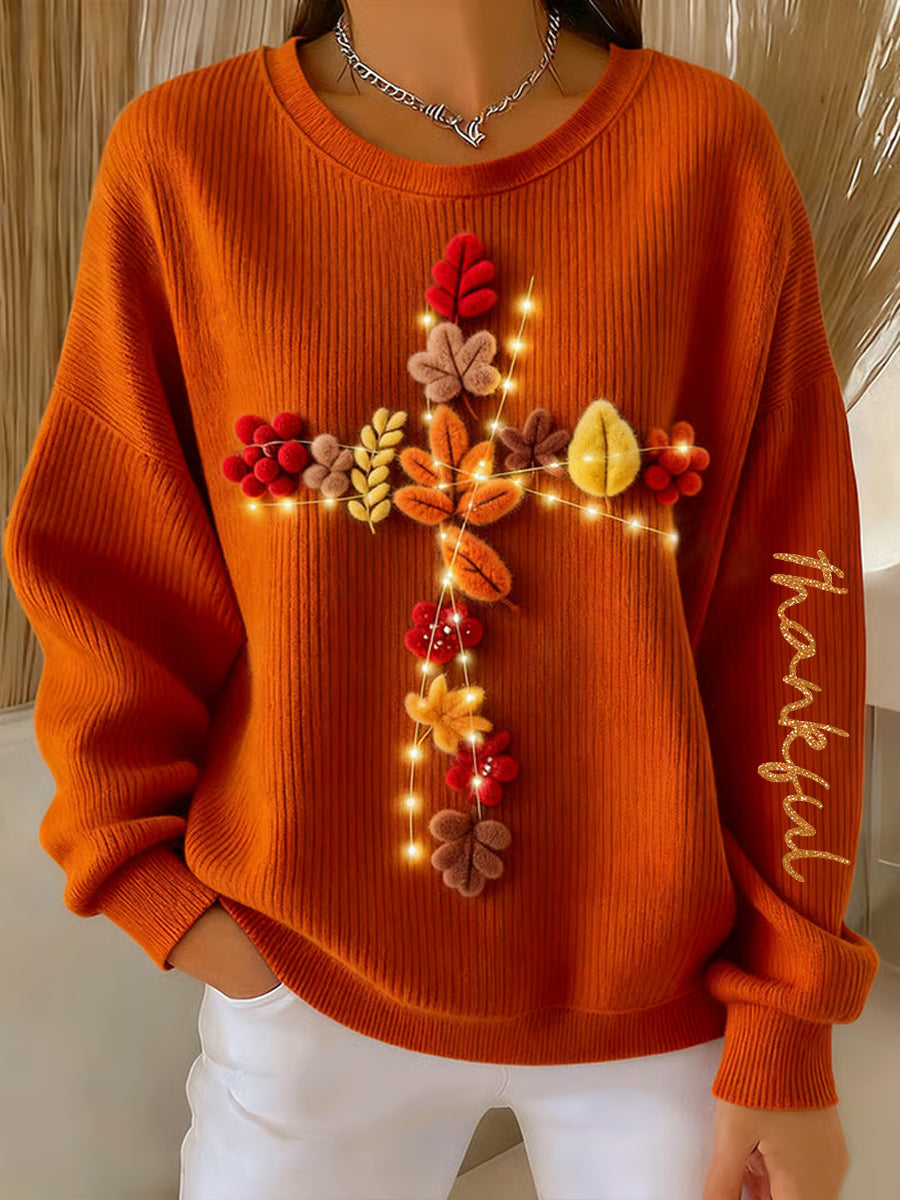 Women's Thanksgiving Thankful Grateful Blessed  Ribbed Round-Neck Sweatshirt