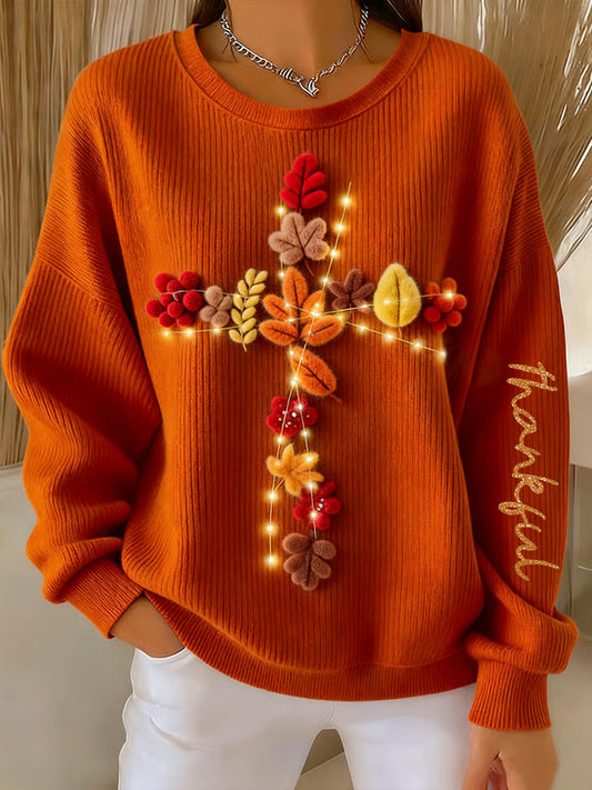 Women's Thanksgiving Thankful Grateful Blessed  Ribbed Round-Neck Sweatshirt