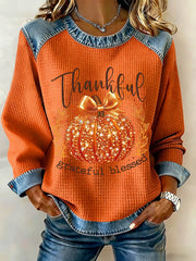 Women's Thanksgiving Pumpkin Thankful Grateful Blessed Printed Denim Patchwork Waffle Top