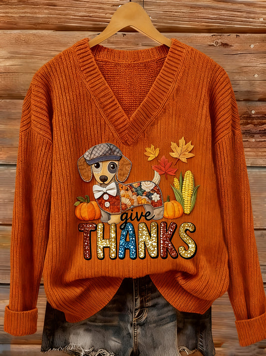 Women's Thanksgiving Give Thanks Sausage Dog Pumpkin Print Top
