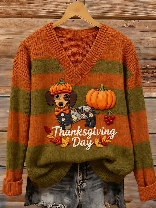 Women's Thanksgiving Give Thanks Sausage Dog Pumpkin Print Top