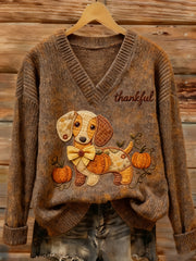 Women's Thanksgiving Give Thanks Sausage Dog Pumpkin Print Top