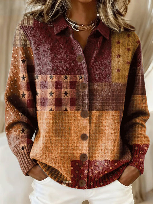 Women's Retro Color Block Plaid Print Casual Cardigan