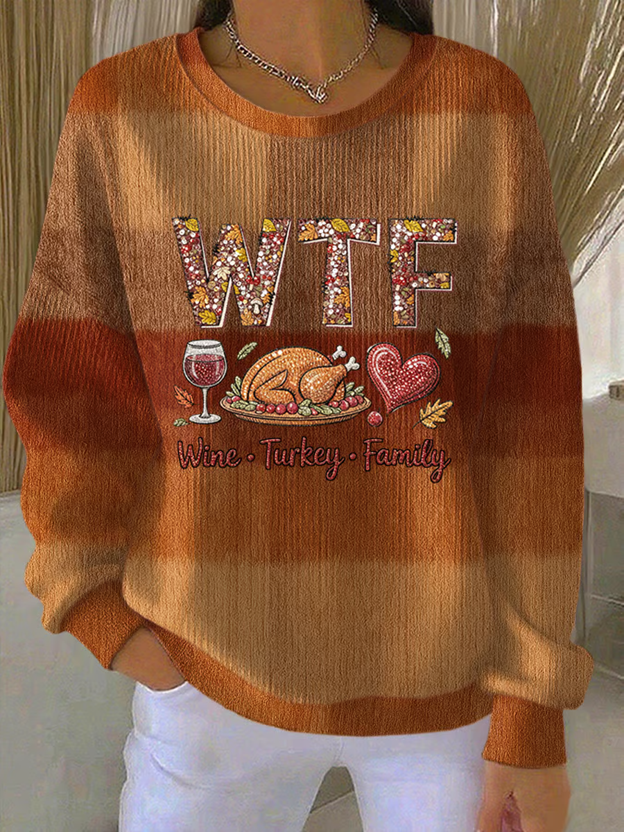Women's WTF Wine Turkey Family Thanksgiving Print Casual Sweatshirt