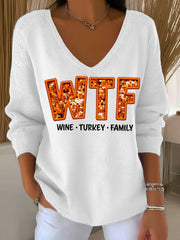 Women's WTF Wine Turkey Family Funny Thanksgiving Long-Sleeve Top