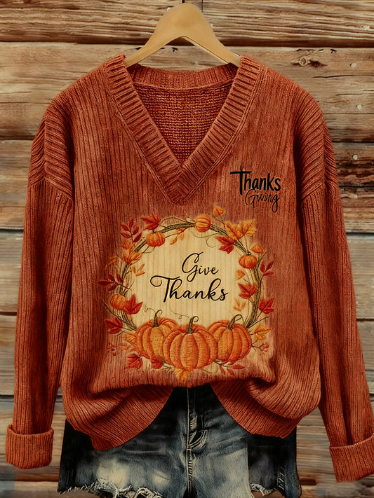 Women's Thanksgiving Day GIve Thanks Pumpkin Print Top