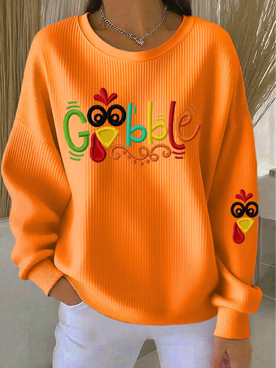 Women's Thanksgiving print Ribbed Round-Neck Sweatshirt