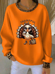 Women's Thanksgiving Print Ribbed Round-Neck Sweatshirt