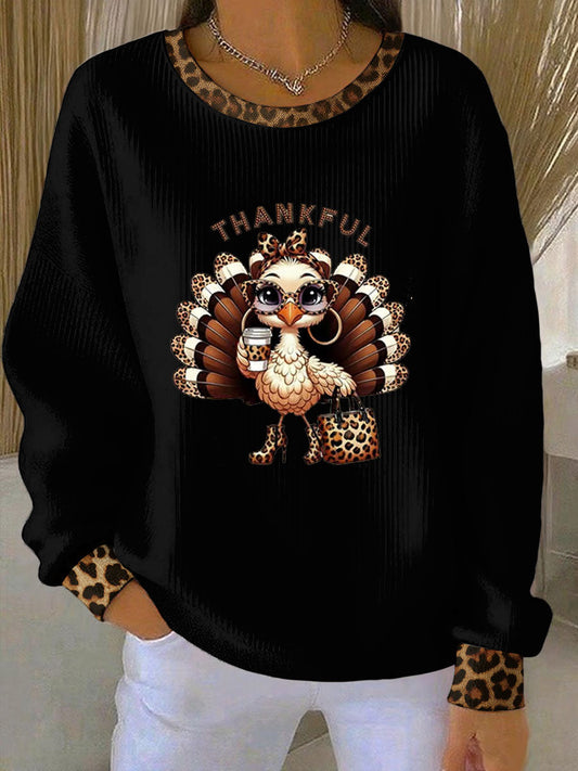Women's Thanksgiving Print Ribbed Round-Neck Sweatshirt