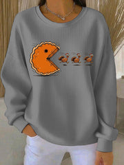 Women's Thanksgiving turkey Printed Ribbed Round-Neck Sweatshirt