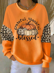 Women's Thankful Grateful & Blessed Thanksgiving Ribbed Round-Neck Sweatshirt