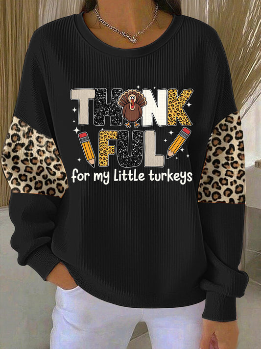 Women's Thankful For My Little Turkeys Ribbed Round-Neck Sweatshirt