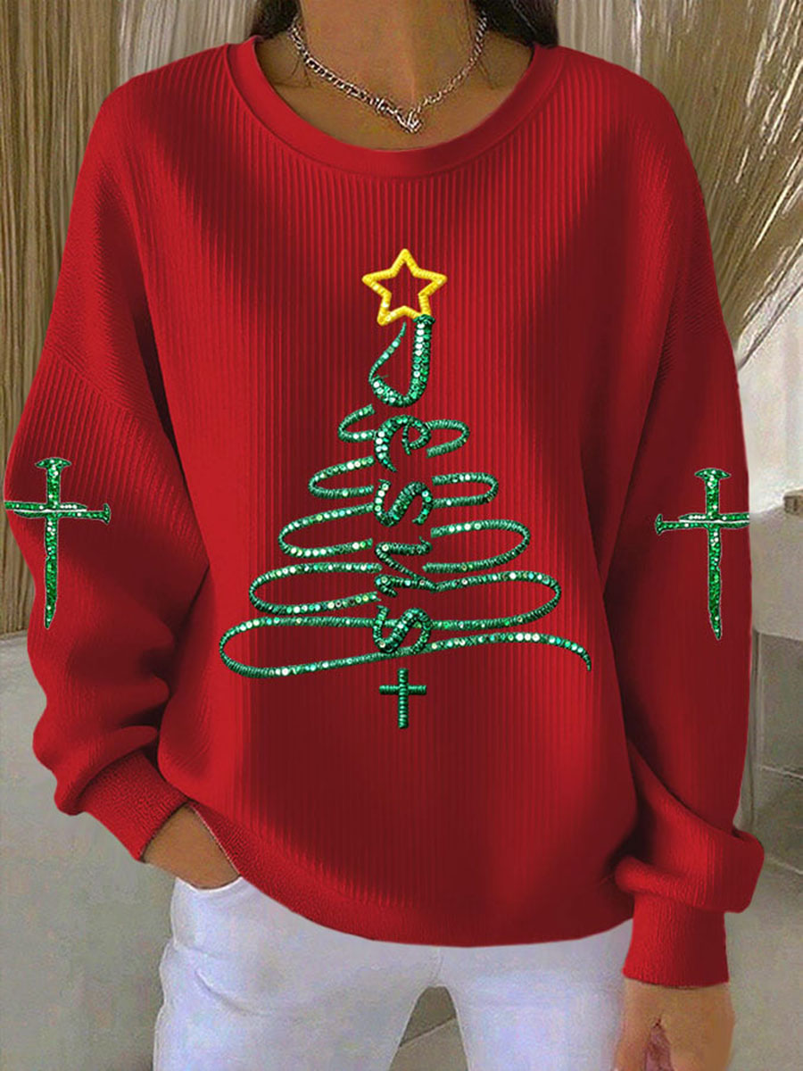 Women's Jesus Christmas Tree Ribbed Round-Neck Sweatshirt