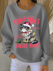 Women's Christmas cat print Ribbed Round-Neck Sweatshirt