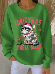 Women's Christmas cat print Ribbed Round-Neck Sweatshirt