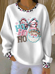 Women's Santa Claus pink and blue leopard print Ribbed Round-Neck Sweatshirt