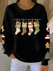 Women's Four Christmas cat print Ribbed Round-Neck Sweatshirt