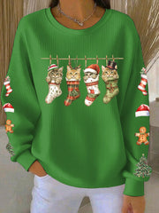 Women's Four Christmas cat print Ribbed Round-Neck Sweatshirt