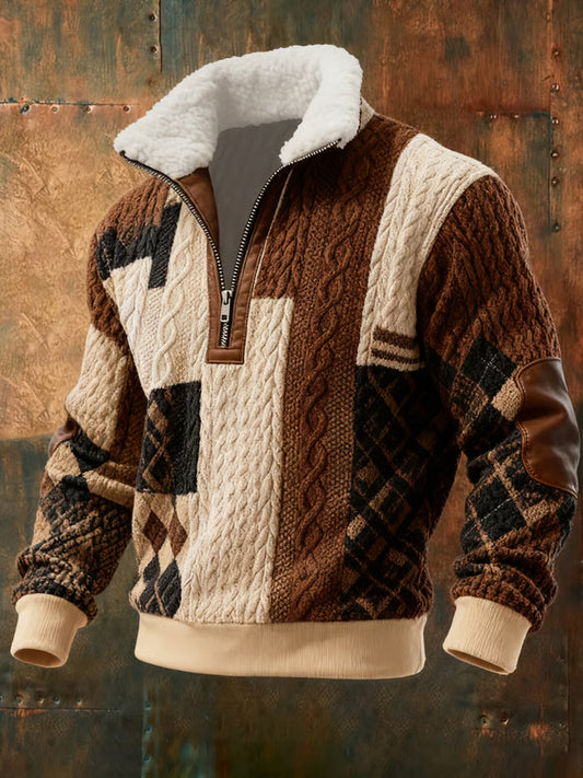 Men's Retro Color Block Print Casual Fur Collar Zip-up Hoodie