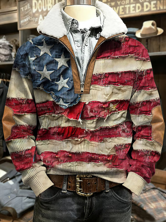 Men's Western Retro Flag Art Print Casual Casual Fur Collar Zip-up Hoodie