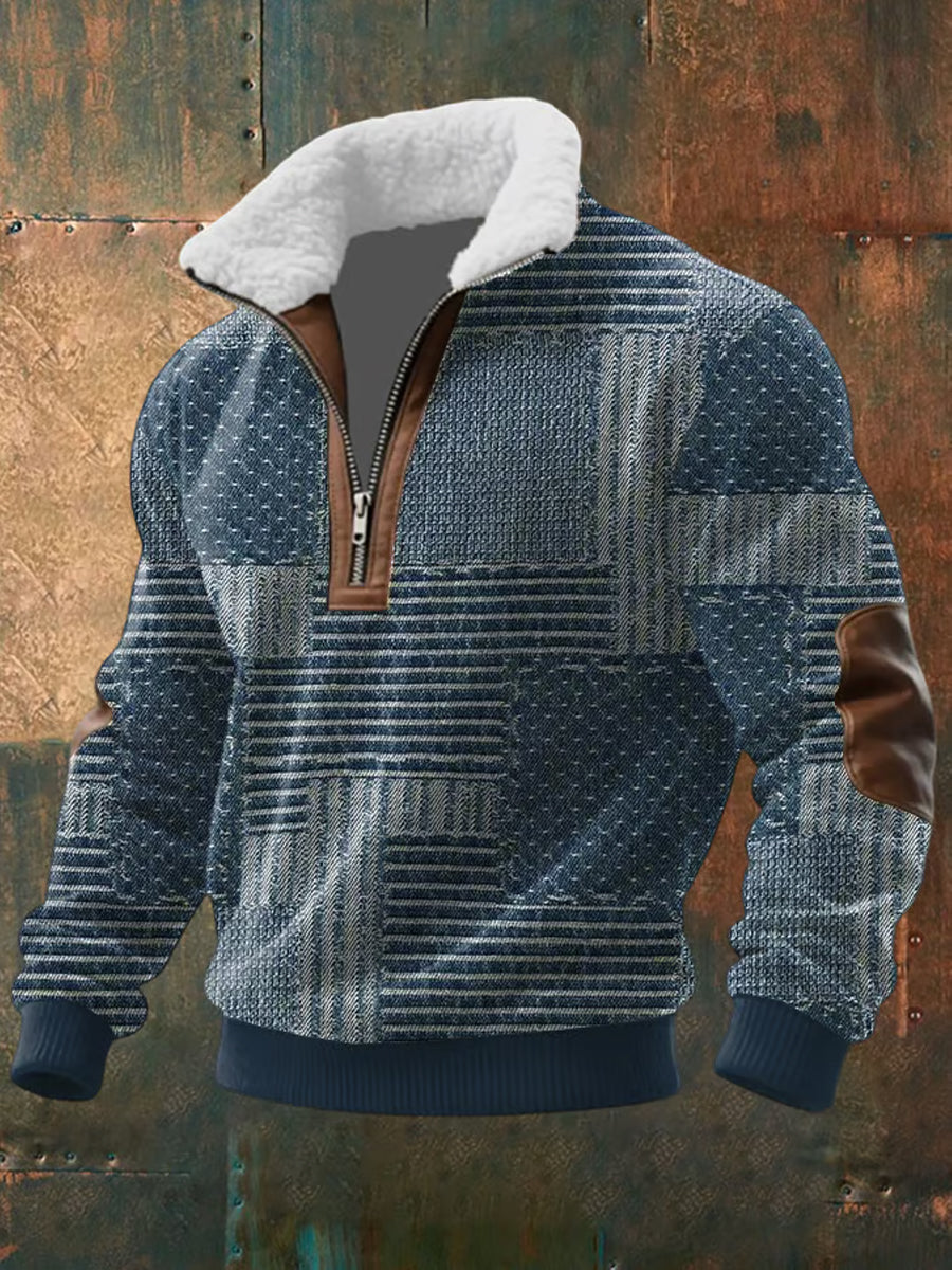 Men's Retro Color Block Print Casual Fur Collar Zip-up Hoodie