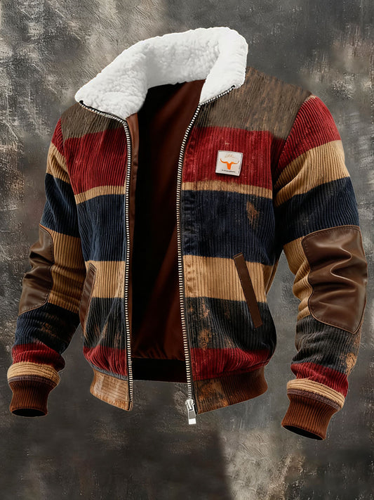 Men's Retro Color Block Print Casual Fur Collar Zip-up Sweatshirt