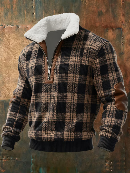 Men's Retro Color Block Print Casual Fur Collar Zip-up Hoodie