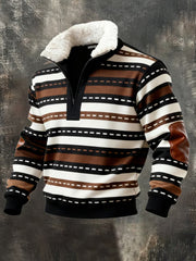 Men's Retro Color Block Print Casual Fur Collar Zip-up Hoodie