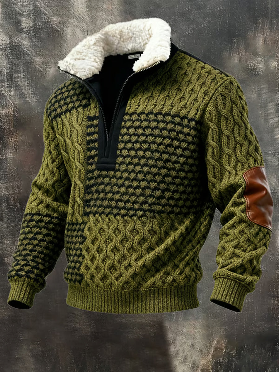 Men's Retro Color Block Print Casual Fur Collar Zip-up Hoodie