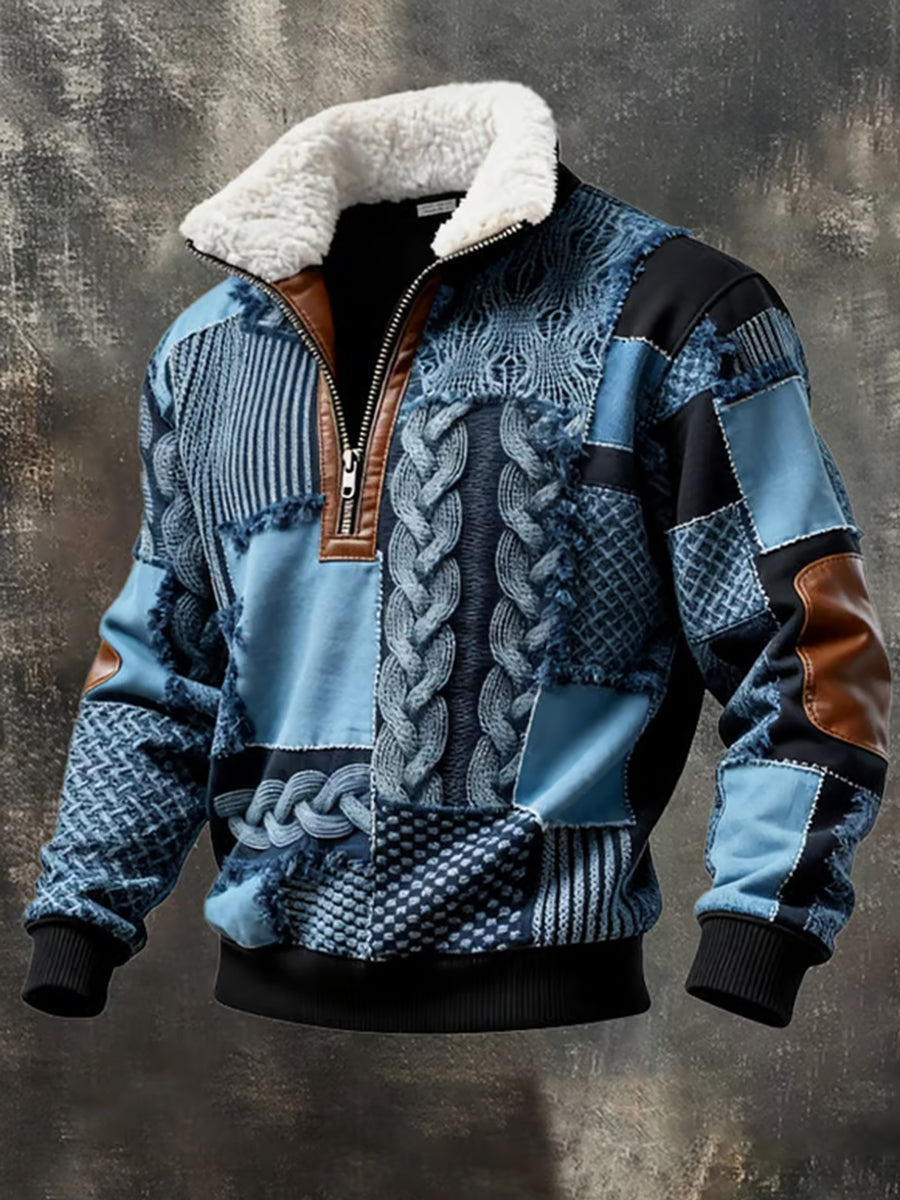Men's Retro Color Block Print Casual Fur Collar Zip-up Hoodie