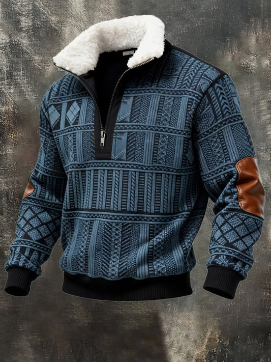 Men's Retro Color Block Print Casual Fur Collar Zip-up Hoodie