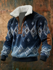 Men's Retro Color Block Print Casual Fur Collar Zip-up Hoodie